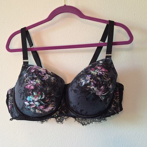 Cacique 44D balconette underwire black floral lace plus size bra - Picture 1 of 5